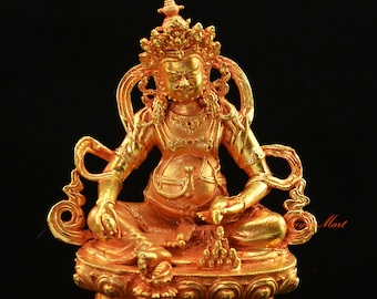 Fine Quality Gold Plated Yellow Jambhala / Kubera Small Copper Statue for Altar / Shrine / Monastery from Patan, Nepal