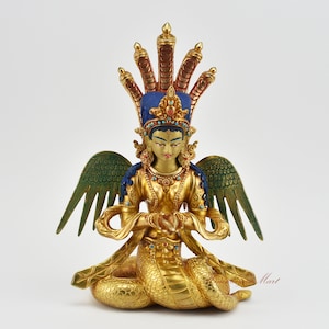 Fine Quality Hand Carved 24 Karat Gold Gilded & Face Painted Tibetan Buddhist Nag Kanya – The Serpent Goddess Copper Statue from Patan Nepal