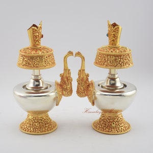 Fine Quality Buddhist Tibetan Ritual Gold & Silver Plated Copper with Fine Hand Carvings Bhumpa Bhumba Set for Altar Shrine Monastery