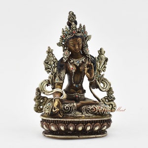 Fine Quality Tibetan Small White Tara Ritual Silver Plated Copper Statue in Oxidation finish from Patan Nepal for Shrine / Altar / Monastery