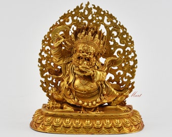 Gold Plated Bernagchen Mahakala Statue: Tibetan Buddhist Copper Rupa