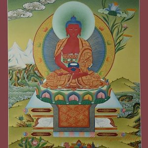 Hand Painted Amitabha Buddha Opame Cotton Canvas Tibetan Thangka Thanka Religious Ritual Wall Hanging Scroll Painting from Patan Nepal
