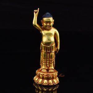 Fine Quality Gold Plated Standing Siddhartha Gautama Baby Buddha Small Copper Rupa Statue for Altar / Shrine / Monastery from Patan, Nepal