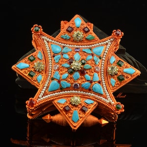 Hand Carved Fine Quality Gold Plated Decorated with Gems Stones Tibetan Buddhist Ritual Prayer Box Amulet Ghau Gau Pendant from Patan, Nepal