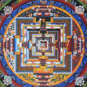 May include: A detailed, colorful mandala painting with a square central design and concentric layers. The artwork features intricate patterns, figures, and symbols in shades of blue, red, yellow, and green. The overall design is symmetrical and visually complex.