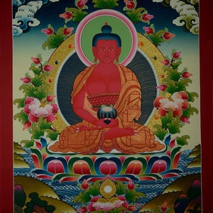Amitabha Buddha Tomba Hand Painted Cotton Canvas Tibetan Thangka Thanka Religious Ritual Wall Hanging Scroll Painting from Patan, Nepal