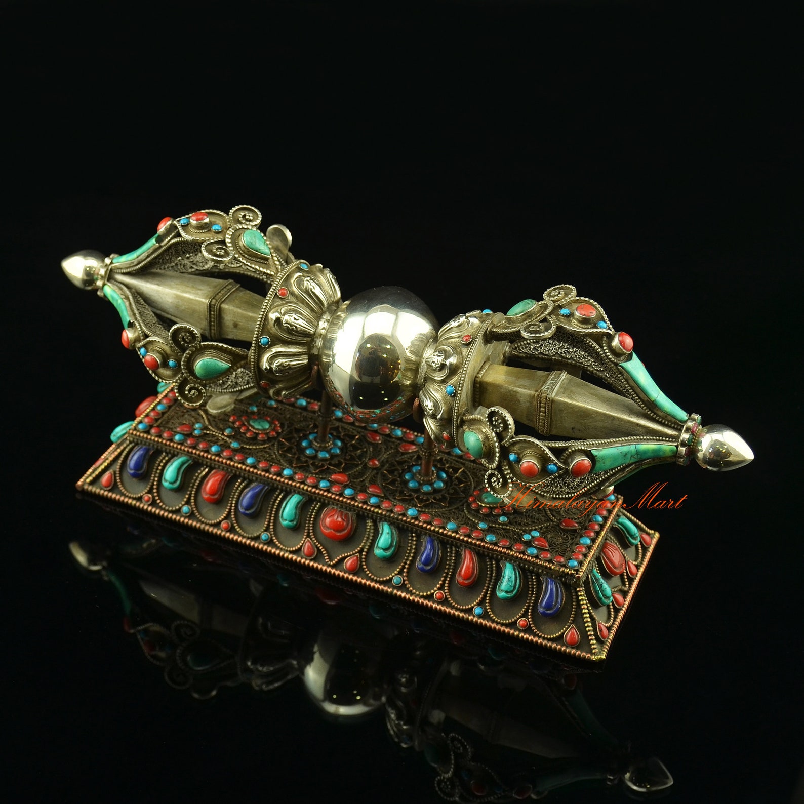 Bohemian Gypsy Indian Tibetan Dorje Turquoise, Coral, Lapis Inlay Silver Metal Earrings #36 main image 0