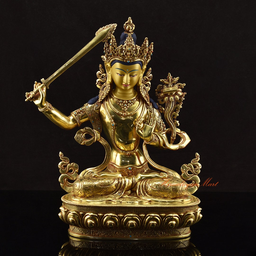 Hand Carved 24 Karat Gold Gilded Hand Painted Face Tibetan Manjushree ...