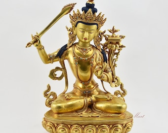 Hand Carved Gold Gilded Manjushri Statue: Tibetan Buddhist Rupa from Nepal