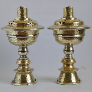 Fine Quality Tibetan Buddhist Brass with White Metal Rings Butter Lamps Set from Patan Nepal – Ritual Lamp Offering Shrine, Altar, Monastery