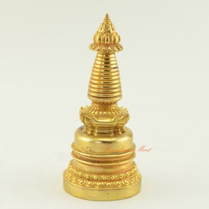 Fine Quality Hand Carved Copper Alloy with 24 Karat Gold Gilded Tibetan Buddhist Ritual Stupa / Chorten / Chaitya from Patan, Nepal