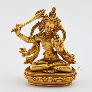 Fine Quality Gold Plated Tibetan Buddhist Four Armed Manjushri Copper Statue for Altar / Shrine / Monastery from Patan, Nepal