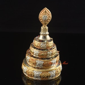 Fine Quality Gold & Silver Plated Tibetan Buddhist Copper Ritual Mandala Set from Patan, Nepal – Ritual Offering Shrine, Altar, Monastery