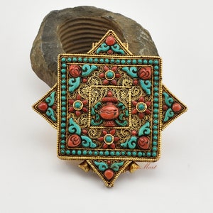 Fine Quality Handmade Tibetan Buddhist Pendant Ghau Prayer Box Fine Carvings Decorated with Coral and Turquoise Gem Stones from Patan, Nepal