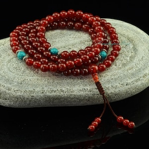 8 mm Carnelian 108 Prayer Beads Mala with Turquoise Partition Beads Buddhism Tibetan Meditational Spiritual Prayer Beads Japa Mala