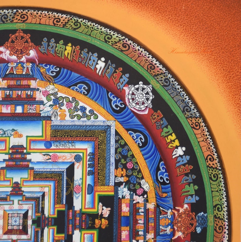 May include: A detailed, colorful painting featuring a geometric design with intricate patterns and symbols. The artwork includes a variety of colors, including blue, red, green, and gold, with a central focus on a circular mandala design. The painting has a spiritual or cultural theme.