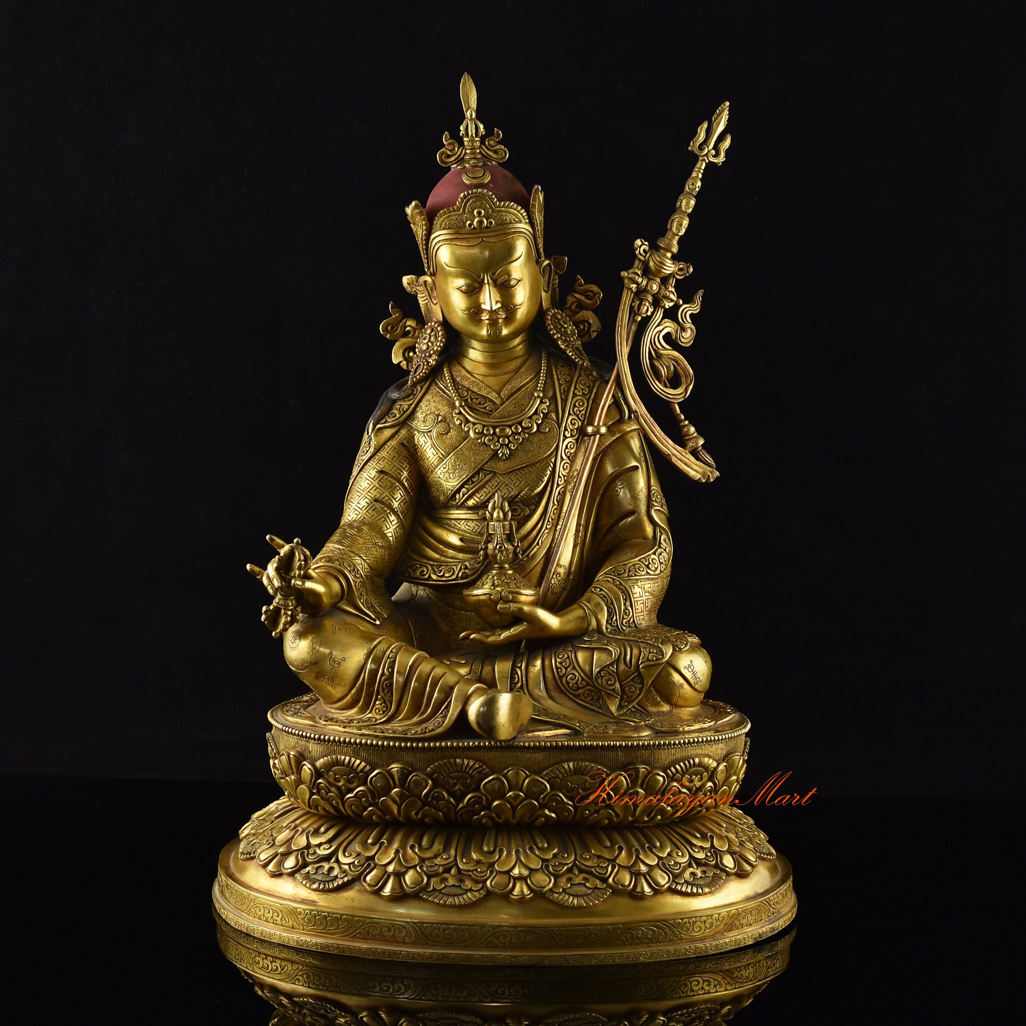 24K Gold Inlaid Guru Rinpoche Statue: Hand-carved Tibetan Buddhist Rupa ...