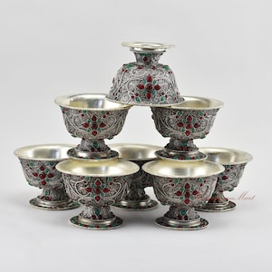 Fine Quality Hand Carved Silver Plated Copper Alloy Buddhist Tibetan Ritual Ceremonial Eight Offering Bowls Tings Set from Patan, Nepal