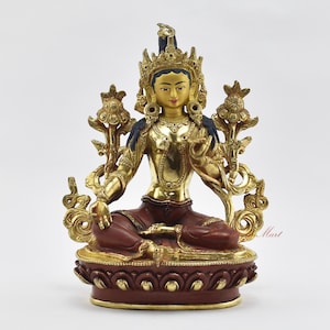 Fine Quality Hand Carved 24 Karat Gold Gilded and Hand Painted Face Tibetan Buddhist Green Tara Copper Statue Rupa from Patan, Nepal