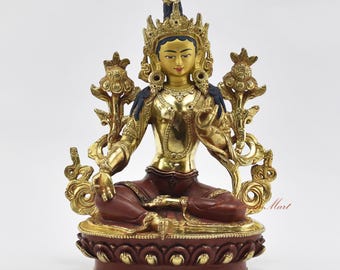 24K Gold Gilded Green Tara Statue: Hand-Carved Tibetan Buddhist Copper Rupa