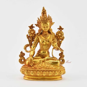 Gold Plated Fine Quality Tibetan Small White Tara / Dholkar / Drolkar Ritual Copper Statue from Patan, Nepal for Shrine / Altar / Monastery