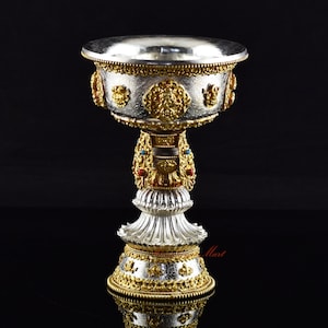 Hand Carved Buddhist Tibetan Silver & Gold Gilded Copper Ritual Offering Butter Lamp for Shrine / Altar / Monastery from Patan, Nepal