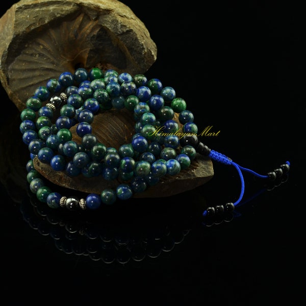 Fine Quality Buddhist Tibetan 8.5 mm Green Lapis 108 Prayer Beads Mala with Magnet Partition Beads Meditational Prayer Beads Japa Mala