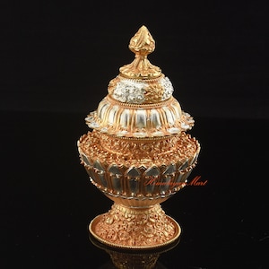 Fine Quality Gold & Silver Plated Tibetan Buddhist Copper Neshi / Dhupur – Rice Pot frm Patan Nepal – Rice Offering Altar, Shrine, Monastery