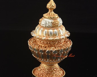 Fine Quality Gold & Silver Plated Tibetan Buddhist Copper Neshi / Dhupur – Rice Pot frm Patan Nepal – Rice Offering Altar, Shrine, Monastery