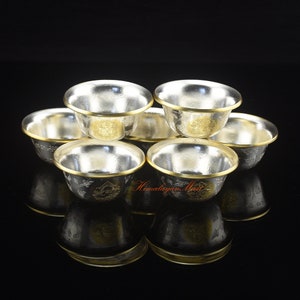 Fine Quality Buddhist Water Offering 7 Pieces Bowls Set made of Copper Gold & Silver Plated for Altar Shrine Monastery Ritual Water Offering