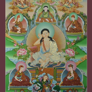 Hand Painted Fine Quality Guru Milarepa Cotton Canvas Ritual Thangka Thanka Religious Wall Hanging Scroll Painting from Patan, Nepal