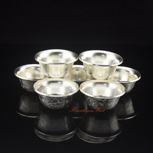 Fine Quality Silver Plated Copper Tibetan Buddhist Religious Offering Bowls 7 Pieces Set for Ritual Purpose in Altar Shrine Monastery Nepal