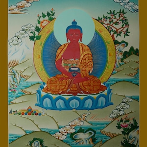 Hand Painted Amida Amitabha Buddha Cotton Canvas Tibetan Thangka Thanka Religious Ritual Wall Hanging Scroll Painting from Patan Nepal