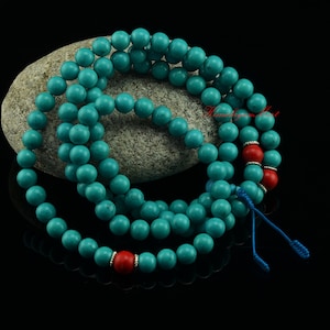 10 mm Turquoise 108 Prayer Beads with Coral Partition Beads Mala Ritual Tibetan Buddhist Spiritual Meditational Prayer Beads Japa Mala