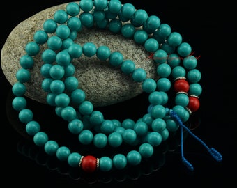 10 mm Turquoise 108 Prayer Beads with Coral Partition Beads Mala Ritual Tibetan Buddhist Spiritual Meditational Prayer Beads Japa Mala