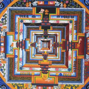 May include: A detailed, symmetrical mandala painting with a complex geometric design. The artwork features a vibrant color palette of blues, reds, yellows, and oranges, with intricate patterns and symbolic imagery. The design is centered and radiates outwards.