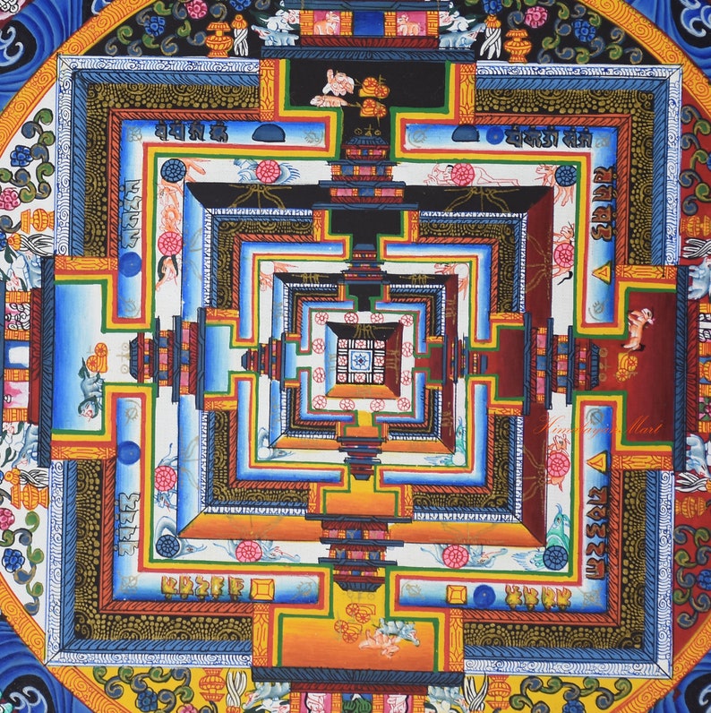 May include: A detailed, symmetrical mandala painting with a complex geometric design. The artwork features a vibrant color palette of blues, reds, yellows, and oranges, with intricate patterns and symbolic imagery. The design is centered and radiates outwards.