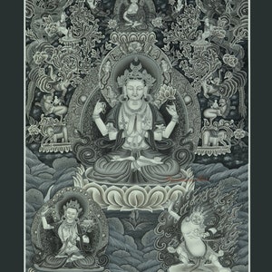 Beautifully Hand Painted Chenrezig Four Armed Avalokiteshvara Cotton Canvas Thangka Scroll Painting in Newari Style from Patan, Nepal