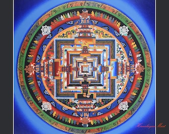 Gold Detailed Original Hand Painted Kalchakra Mandala Wheel of Time Thangka Religious Scroll Painting
