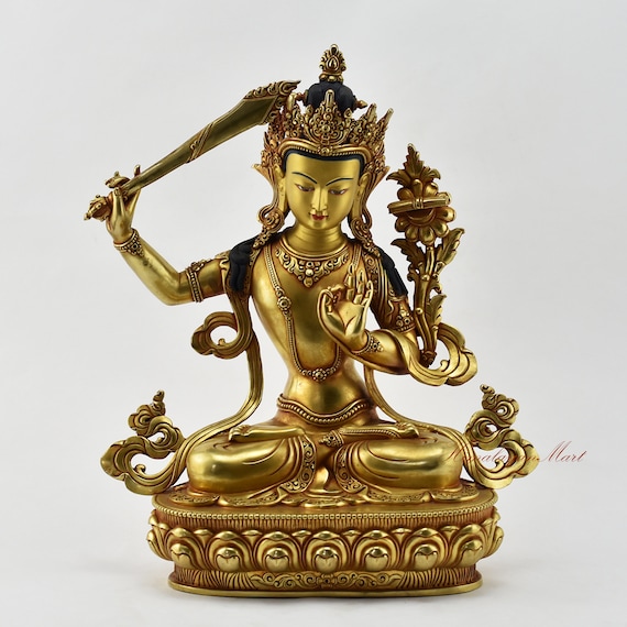 手彫りの24K金鍍金銅文殊菩薩像 - パタン・ネパール - Etsy 日本