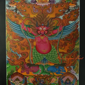Hand Painted Fine Quality Garuda King of Birds Cotton Canvas Thangka Thanka Religious Ritual Wall Hanging Scroll Painting from Patan, Nepal