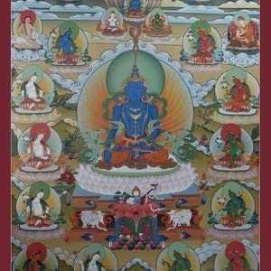 May include: A colourful Tibetan Buddhist painting depicting a deity in a blue robe sitting on a lotus throne. The deity is surrounded by other figures and symbols, including a mandala and a rainbow.