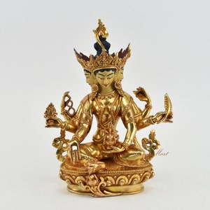 Fine Quality Hand Carved Gold Gilded Face Painted Tibetan Buddhist Ritual Basundhara Vasundhara Ritual Copper Statue Rupa from Patan, Nepal