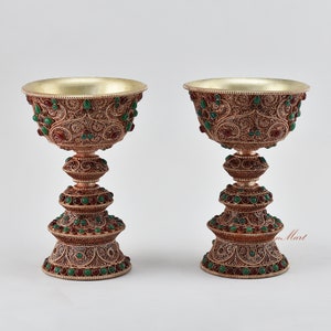 Fine Quality Hand Carved Silver Plated Copper Alloy Tibetan Buddhist Ritual Ceremonial Offering Butter Lamps Set from Patan, Nepal