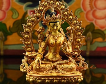 Fine Quality Gold Plated Face Painted Tibetan Buddhist Framed White Tara / Dholkar Ritual Copper Statue Rupa from Patan, Nepal