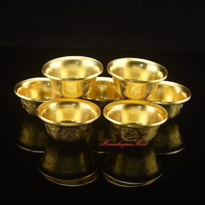 Fine Quality Tibetan Water Offering 7 Pieces Bowls Set made from Copper and Gold Plated for Altar Shrine Monastery Ritual Water Offering