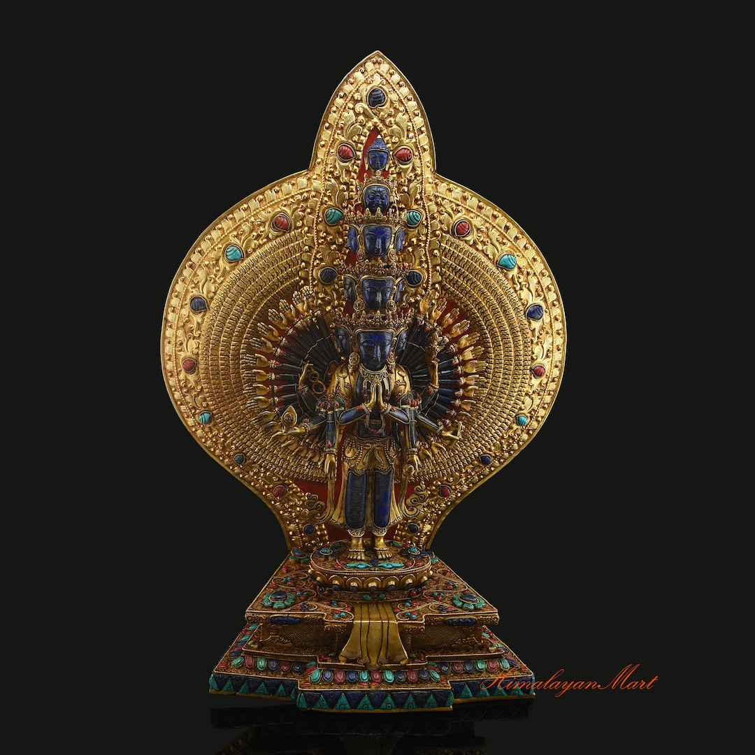 Gold Gilded Avalokiteshvara Statue: Tibetan Buddhist Copper Rupa With ...