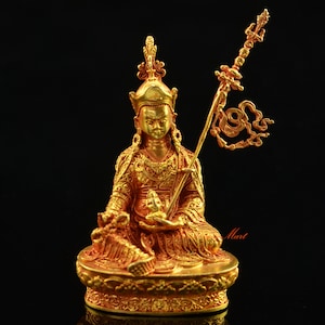 Fine Quality Gold Plated Guru Rinpoche / Padmasambhava Small Copper Statue for Altar / Shrine / Monastery from Patan, Nepal