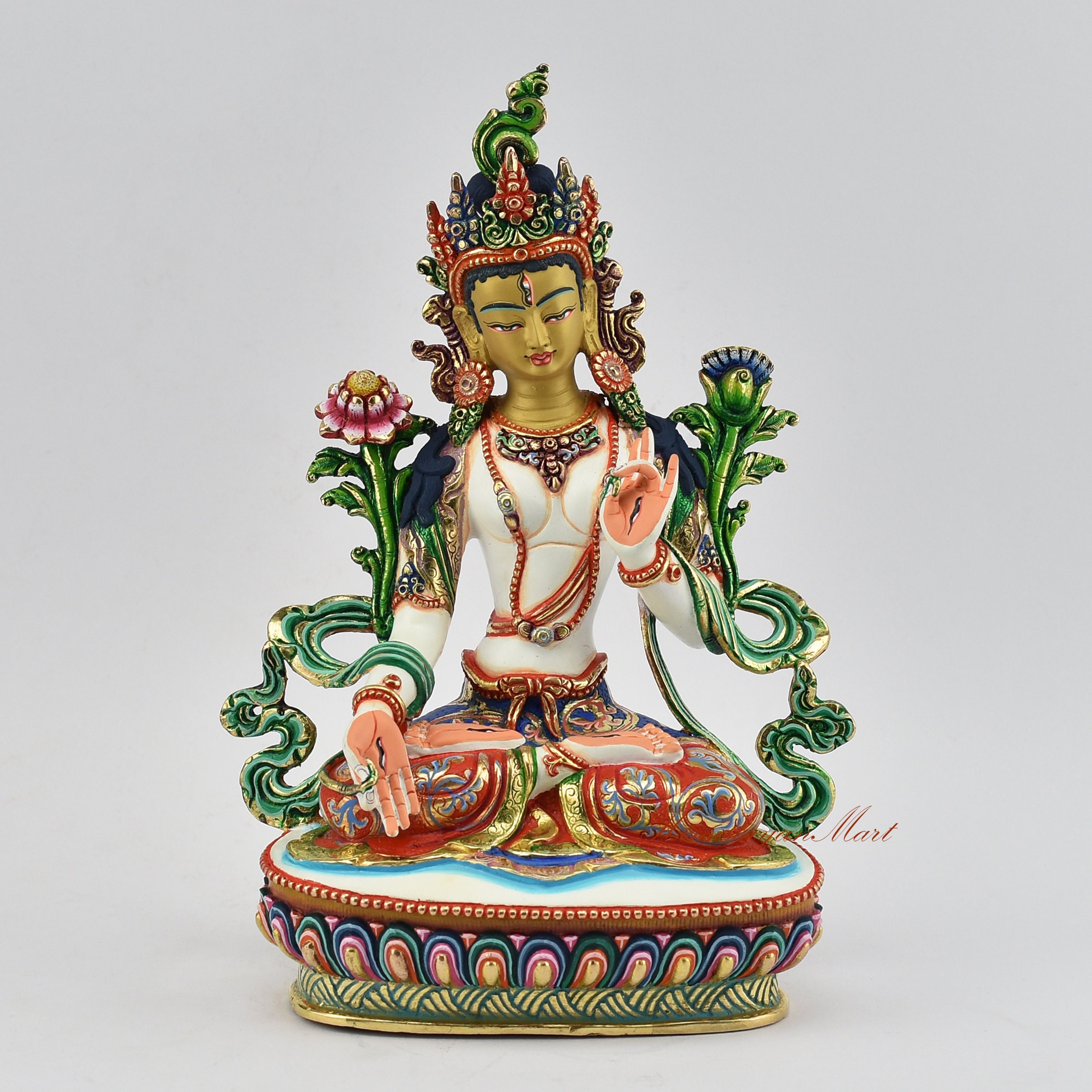 Hand Carved Gilded White Tara Statue, Buddhist Dolkar Rupa, Nepal