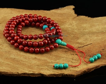 8 mm Chinese Coral Beads with Turquoise Partition Beads Buddhist Tibetan Ritual Spiritual Meditational 108 Prayer Rosary Beads Japa Mala